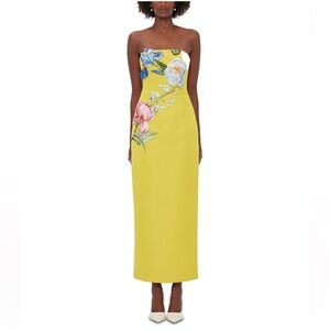 Leo Lin Rayna Floral Appliqué Bustier Maxi Dress Yellow Strapless Luxury NWT 6